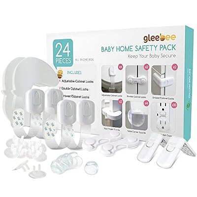 gleebee Kit de sécurité pour bébé Gleebee de haute qualité qui: Verrous de sécurité ajustables pour siège de toilette, poubelle, les tiroirs, les armoires à porte double et les réfrigérateurs|Protections d'angle de table|Anti pince doigts|Cache…