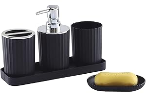 Hosoncovy Set di 5 accessori da bagno con dispenser di sapone, tazza da bagno, portasapone, spazzolino da denti e porta dentifricio, vassoio portaoggetti (nero)