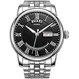 Burei Herren-Automatikuhr mit automatischem Aufzug, mit Tagesdatum, römischen Ziffern, großes Zifferblatt, Edelstahl-Lederarmband (schwarzes Edelstahlband)