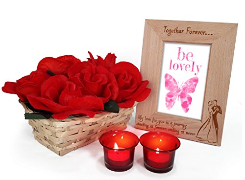 TIED RIBBONS Karwa chauth gifts Artificial Rose Basket and Wooden Photo Frame with 2 Tealight Candles holder | Karwachauth special gifts for Wife | Karwachauth special gifts for wife | gifts for women on Karwachauth