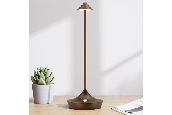 Hapfish lampe de table sans fil rechargeable LED, Lumiere bureau tactile exterieur 6000mAh, Lampe a poser metal design modern, étanche, dimmable, pour chevet, interieur, terrasse, restaurant (marron)