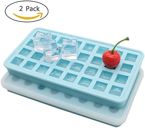 Ice Cube Trays with Lids 2 Pack Ice tray Ice cubes 32 Cavities Mini Ice Ball Silicone Mold and 32 Cavities Mini Square Silicone Mold for Ice Cube Tray Making Candy, Chocolate, Jelly, Soap and More (Blue)