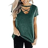 iHENGH Damen Top Bluse Bequem Lässig Mode T-Shirt Frühling Sommer Blusen Frauen Kurzarm Knoten Shirts Vordere Kreuz Tunika Lose Tops