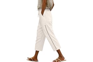 CMTOP Linen Trousers Womens Summer Cropped Trousers with Elasticated Waist 3/4 Trousers with Drawstring Pockets Casual Trouser for Holiday