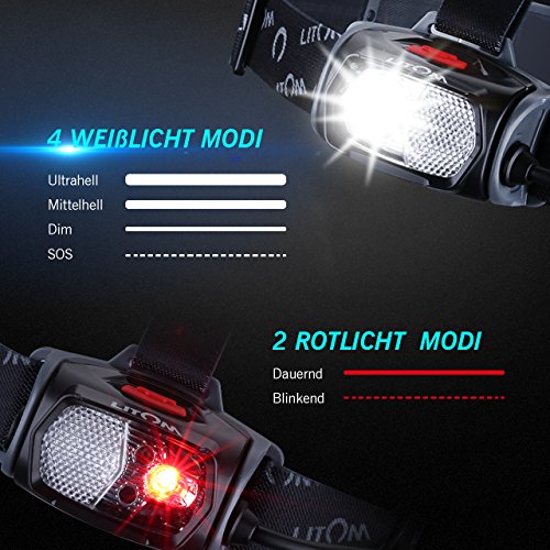 Litom Stirnlampe Taschenlampe mit weiß/rot LED Gestenkontrolle, IPX6 wasserdicht Kopflampe, Batterie betriebene LED Headlight für Laufen, Höhlenforschung, Joggen, Camping usw. - 2