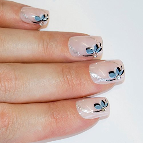 Bling Art False Nails Französisch Maniküre schwarz Weiß Blume 24 Mittel Tipps UK - 3