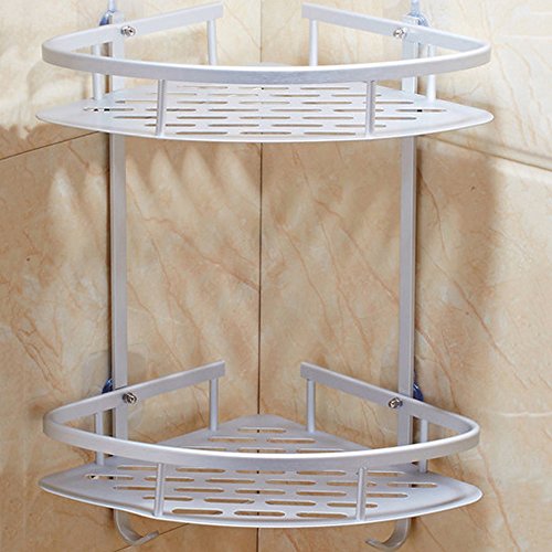 Swallowzy Badezimmer Eckregal, haltbares Aluminium Sticky Nein Bohrer Regal Dusche Lagerung Handtuch Wandhalterung Regal Dusche Caddy Regal Storage Rack Corner Shampoo Korb-Halter mit Haken, Style A 2 Tier - 6