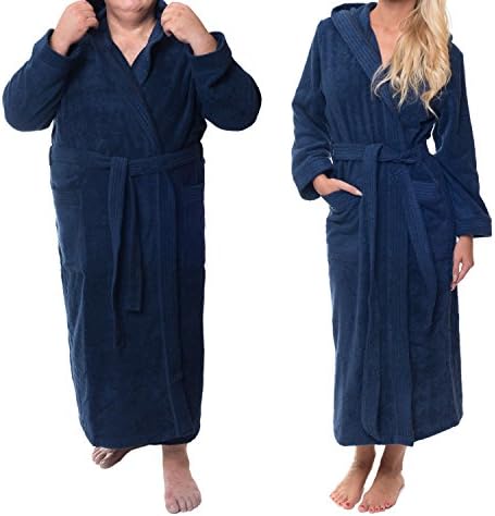 PRESTIGE UNISEX exclusive Bathrobe with hood, for both, from the Sophie Bernard Collection "Bath &amp; Spa". 100% pure Cotton, 430 gf/sqm. Feel at ease! 3XL-Size / dark blue (navy). Corresponds to the stocky size 29-33, UK 50-56 and international size 3-5XL!