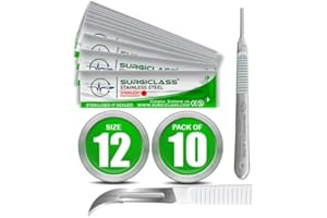 SURGICLASS Skalpellklingen Figur 12 aus Edelstahl 10 Stück steril + Skalpell-Halter - Edelstahl Perfekt für Holzkunst, Chirurgie, Bildhauerei, Laboranatomie, Kartenherstellung, Labortraining SURGIGR12-10