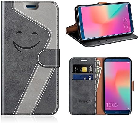 Mobest Smiley Leather Case / Wallet Stand Cover for Honor View 10, Black/Grey