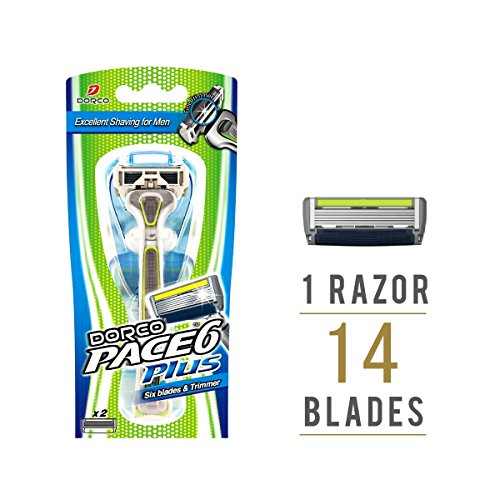 Dorco Pace 6 Plus Razor for Men: Ultra-sharp six blade Design – Pivoting Head for Maximum Coverage – Built-In Fine Sculpting Trimmer – Lubrication Strip with Aloe and Vitamin E – 14 Blades + 1 Handle