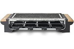 H.Koenig Grill Multifonction Pierre à cuire/granit amovible 2 en 1 avec Appareil à raclette 8 personnes RP328 design en bois, Accessoires 8 poêles antiadhésifs, Cuisson Fromage Viande Légumes