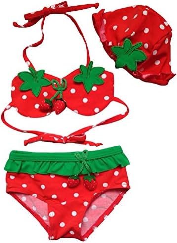 KMFEEL Strawberry Cartoon 3 Piece Baby Girl Bikini Swimwear Red 6T