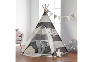 Haus Projekt Kids Teepee Tent Grey with Fairy Lights, Bunting, Carry Bag and Waterproof Floor Mat, 160cm CE Certified Childrens Teepee Play Tent, Indoor Outdoor Tipi Playhouse, Garden Beach Wigwam