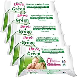 Love & Green Lingettes Hypoallergéniques Fleur d'Oranger Bio 64 Pièces - Lot de 5
