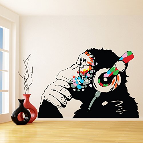 Banksy Vinyl Wall Decal Monkey With Headphones / Chimp Listening to the Music in Earphones / Street Graffiti Art Sticker + Free Decal Gift! (140x97 cm)