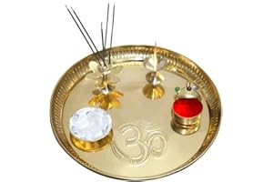 BRACOP® Pooja Thali Set Serving Platter Indian Pooja Samagri Decorative Plate Brass Puja Plate Hindu Aarti Thali Home Decorative Round Platter Home Ladoo Gopal Bhog Thali Set Of 5 Pcs Dinnerware Gift