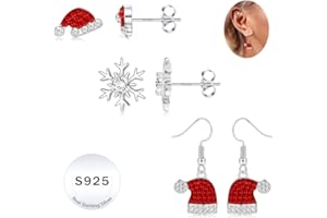 LOLIAS 3 Pairs Sterling Silver Christmas Earrings for women Xmas Earrings for Women Red Hat Snowflake Earrings Christmas Earrings Sterling Silver Christmas Jewellery for Women Girls