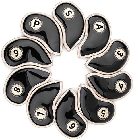 FLTRADE Iron Head Covers,Water Resistant PU Leather Material Durable Golf Club Head Cover Set With Velcro Design For Titleist Callaway Ping TaylorMade Nike Yamaha Cleveland Wilson Reflex,Black-Pack of 10