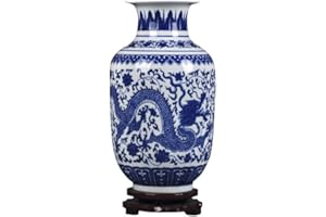 fanquare Jarrón de Flores de Porcelana Azul y Blanca Jingdezhen, Jarrón de Cerámica Pequeño Dragón Hecho a Mano, Florero Decorativo, Altura 30cm