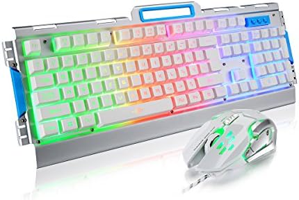 Reetec Waterproof Metal USB Rainbow LED Backlit Wired Gaming Keyboard and Mouse Set Combo (Silver)