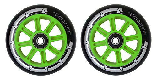 Team Dogz Coppia di ruote in nylon per monopattino, 100 mm, con ABEC 7, adatte per Slamm Razor MGP Grit e JD Bug, Green Core, Black PU