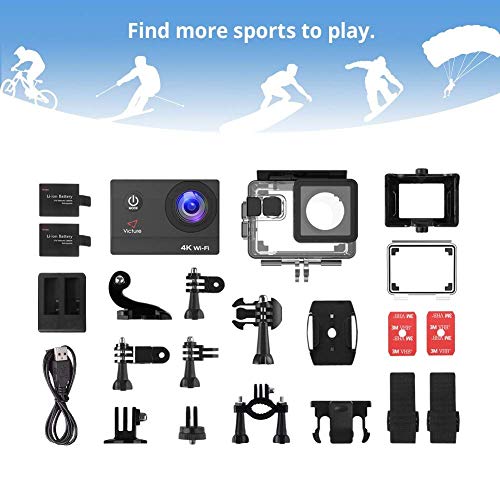 Victure Cámara Deportiva Wifi 4k Ultra HD 20MP Action Camera Acuatica de 40M con 2 Baterías y Cargador Externo, Funciones Anti-shaking y Time Lapse - Victure