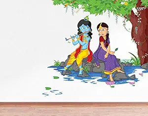 Paper Plane Design Wall Decalslord Krishna Playing Flute With Radha On River Bed Wall Sticker (Pvc Vinyl 80 cm X 80 cm Multicolour)