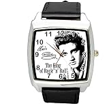 Products Just4U Unisex Uhr Analog Quarzwerk mit Leder Armband Elvis Presley E1 Schwartz Quadrant