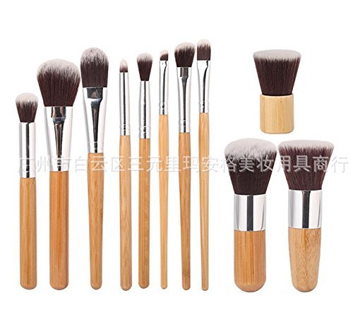 LyDia Natural Hand-made Bamboo Handles Super Soft Bristles Eco-friendly 11pcs Makeup Brush Set with Carry Bag