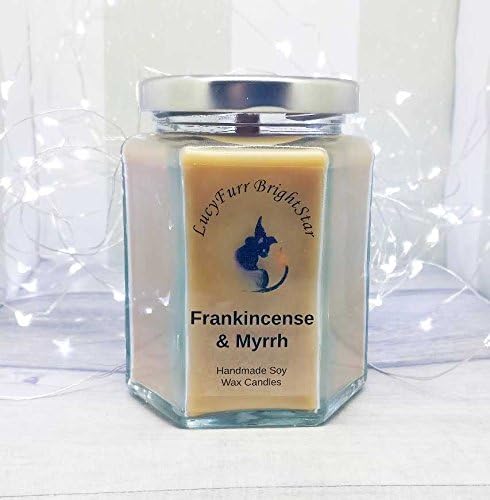Frankincense &amp; Myrrh Handmade Soy Wax Candle in Glass Jar Container with Wood Wick