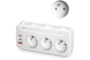 OORKYZZ Multiprise avec Interrupteur Individuel, Fiche Multiprise Parafoudre 3 Prises Française, Bloc Prise Multiple Murale avec Terre, Triplite Prise Frontales à Rotation Horizontale et Verticale, Blanc