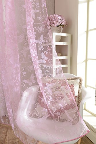 Beflockung Schmetterling Transparente Vorhang Fenster Tuell Teiler Rosa 100 * 200cm - 6