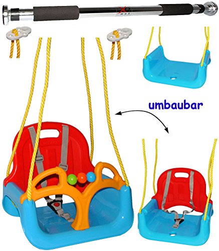 2 tlg. Set _ Türreck + mitwachsende - Babyschaukel / Gitterschaukel mit Gurt - " ROT / GELB / BLAU " - leichter Einstieg ! - mitwachsend & verstellbar - 100 kg belastbar - Kinderschaukel ab 1 Jahre - Reck für Türrahmen Befestigung - Stange - Türstange - mit Rückenlehne & Seitenschutz - Schaukel für Kinder - Innen und Außen / Garten - für Baby´s - aus Kunststoff / Plastik - Kunststoffschaukel - mitwachsend - Sicherheitsgurt - Gitterschaukel / Kleinkindschaukel - Baby