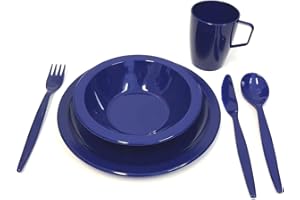 Harfield Camping Tableware Royal Blue Outdoor Dining Set - Plate, Bowl, Beaker & Cutlery Reusable Virtually Unbreakable Polycarbonate Plastic