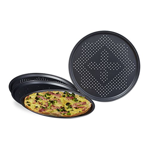 Relaxdays Pizzablech mit Perforation im Set runde Pizzabackbleche mit extra großem Durchmesser: ca. 29 cm Backbleche für Pizza und Flammkuchen Pizza Backset im 4er Set antihaftbeschichtet, anthrazit - 3
