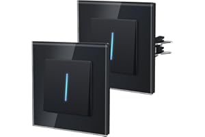 BSEED Interruptor pared con Cristal,Interruptor de luz con Garfio,Basculante Con Pilotitos LED,Fácil Instalación,Fáciles de Limpiar,E-Series,1 Gang 1 Vía - 2 Paquetes,86mm Negro