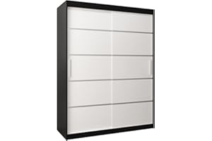 ‎MEBLE KRYSPOL MEBLE KRYSPOL Schwebetürenschrank Verona 1 150 cm Kleiderschrank mit Kleiderstange und Einlegeboden Schlafzimmer- Wohnzimmerschrank Schiebetüren Modern Design (Schubladen: 0, Schwarz + Weiß)