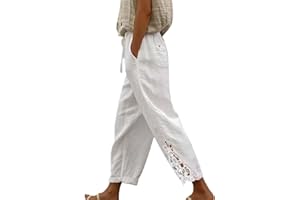 BASTWAHL Leinenhose Damen Sommer Freizeit Hose Lang Locker Sommerhose Casual Einfarbig Baumwolle Gerades Bein Bequeme Stoffhose Leicht und Luftig Strandhose mit Kordelzug und Taschen Marlenehose