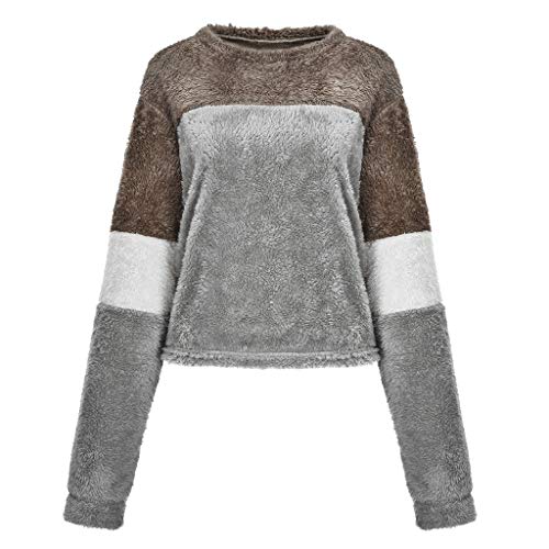 Preisvergleich Produktbild Tianwlio Damen Lässige Langarmshirt Hoodie Pullover Langärmliges Spleißen O Hals Flauschige Lässige Sweatshirt Top Bluse Grau XL