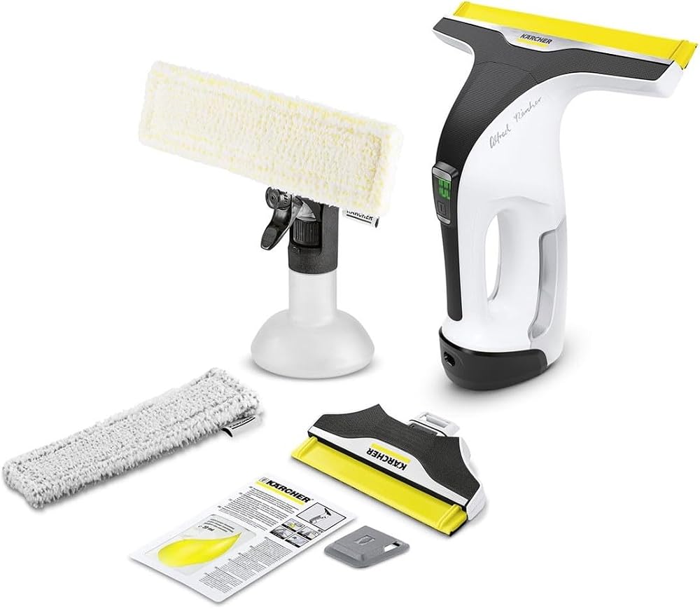 Kärcher WV 7 Signature Line akülü pencere süpürgesi, pil ömrü: 100 dakika, LED şarj durumu göstergesi, 2 başlığı, 2 mikrofiber kılıflı püskürtme şişesi, kir kazıyıcı, 20 ml pencere temizleyici