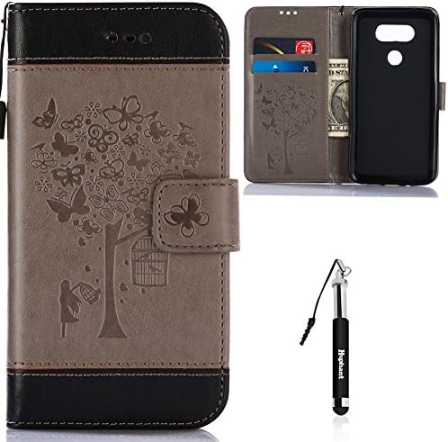 LG G6 Leather Case,Flip Wallet Case for LG G6,Huphant Butterfly Tree Girl Cage Stitching Embossed Pattern,Smooth Lines Comfortable Touch Advanced PU Holster Card Slots Holster Can Stand And Magnetic Closure Closed Protection Function + Black Retractable Dust Plug Stylus Pen (Gray)