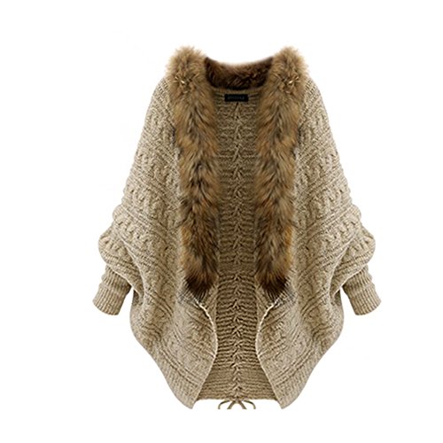 Arrowhunt Women's Batwing Sleeve Cardigan Cloak Fur Collar Sweater Cape