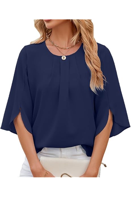 Chemisier Femme En Mousseline Manches 3/4 - Haut Chic Ample Décontracté Pour Bureau Et Vacances