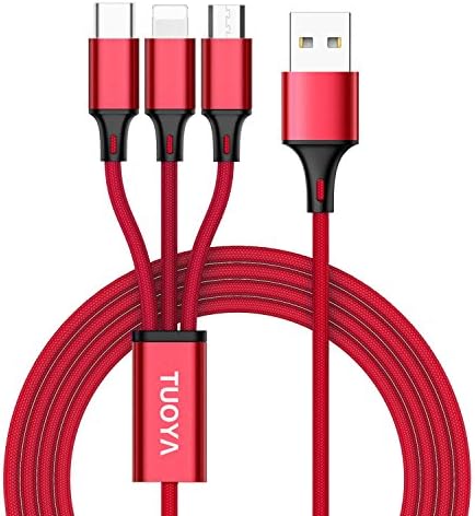 Multi USB Charger Cable, TUOYA 3 in 1 Multiple Charging Cable Cord Nylon Braided with Lighting Micro USB Type C Multi Charger Connector for Apple iPhone, iPad, Android Samsung Galaxy, Huawei, Motorola, Nokia, LG, Kindle, Echo Dot, 1.2m (Red)