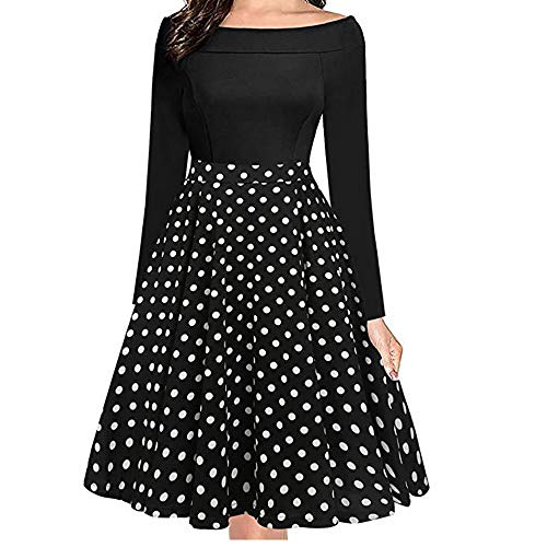Guesspower Robe Femmes Vintage Off épaule Formelle Rétro Robe de Soirée à Manches Longues Cocktail Classique Vintage Années 50 's 60's Style Audrey Hepburn Rockabilly Swing Robe de Bal Noir Point