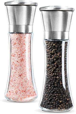 MOWISS Salt and Pepper Shakers in Stainless Steel and Glass Body - Salt and Pepper Mills Set (2 pcs) with Adjustable Ceramic Grinder