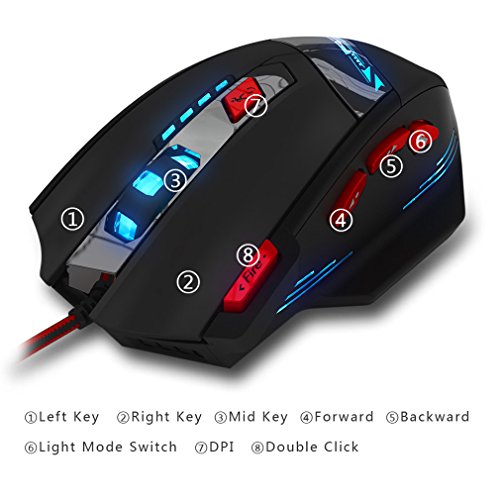Zelotes T90 Rat  n Gaming 1000 a 9200 dpi  8 Botones y 6 dpi Ajustables  6 LED Colores Cambiantes  Ajuste de Peso para Windows Mac Macbook Linux - Negro