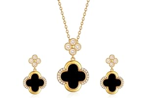 Gkaopi Vierblättriges Kleeblatt Schmuckset für Damen Gold Plated Titan Edelstahl Schwarz Weiß Glücksklee Anhänger Halskette und Ohrringe Set Hypoallergen Zierliche Schmuck Set für Mädchen
