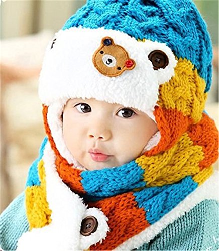 4 Migo Winter Warm Boys Wool Acrylic Hat/Scarf Set Knitted Hat Scarf Red Cute Bear for Christmas (Blue)